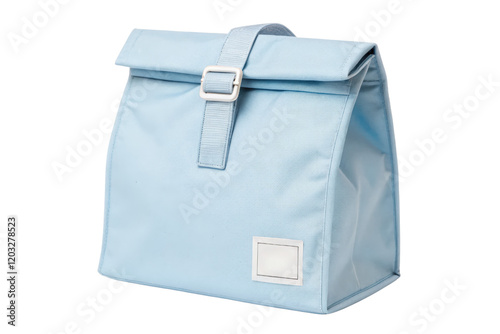 Light blue fabric lunch bag with a strap isolated with transparent background