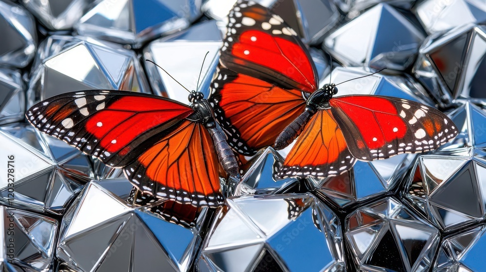 Butterfly resting on shiny geometric shapes, vibrant orange and black colors. Butterfly resting on shiny geometric shapes, vibrant orange and black colors.