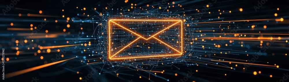 Obraz premium A glowing email icon surrounded by dynamic, colorful streaks, symbolizing fast communication in a digital landscape.