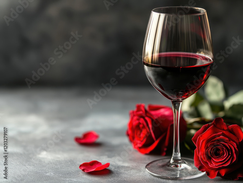 Elegant wine glass with red wine and fresh roses for romantic setting photo