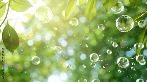 Natural light bubbles and bokeh with leaves, photorealistic and minimal style