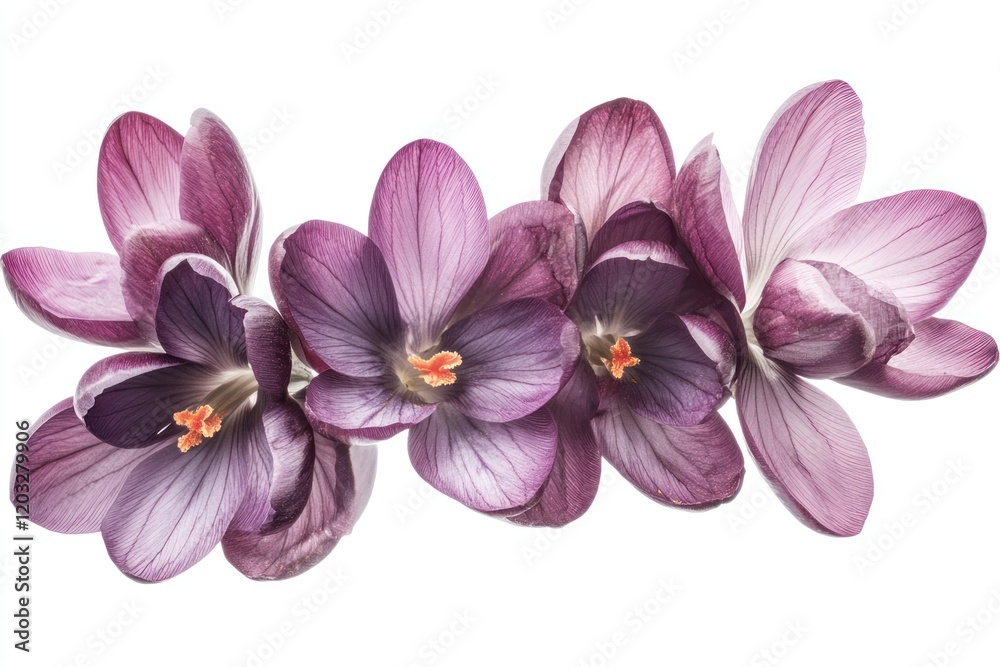 Purple crocus flowers, spring bloom, white background, floral design element Purple crocus flowers, spring bloom, white background, floral design element