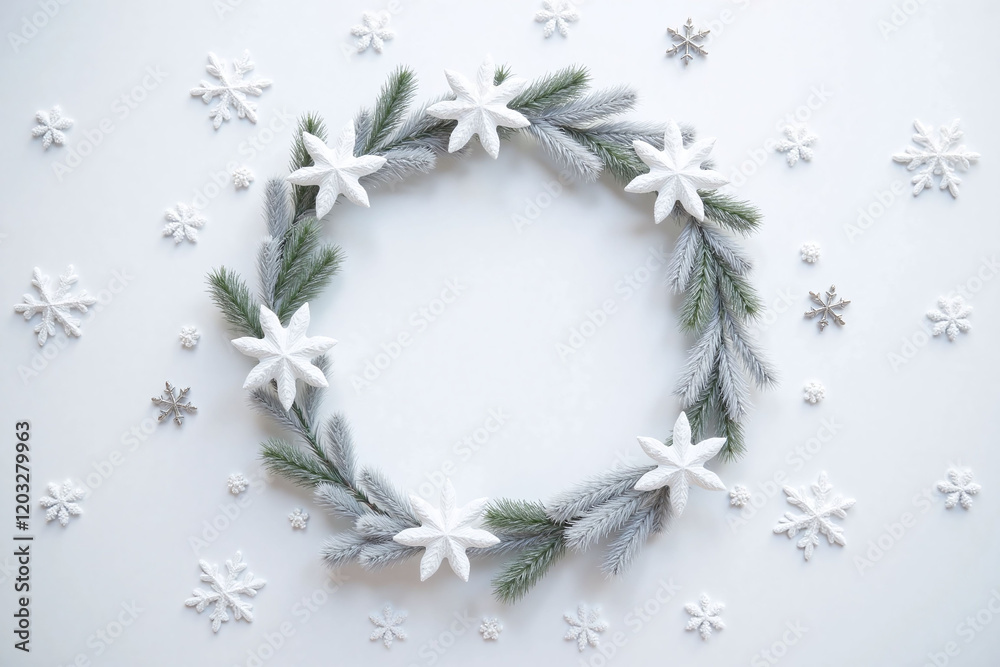 circular arrangement of snowflakes pine branches on light background circular arrangement of snowflakes pine branches on light background