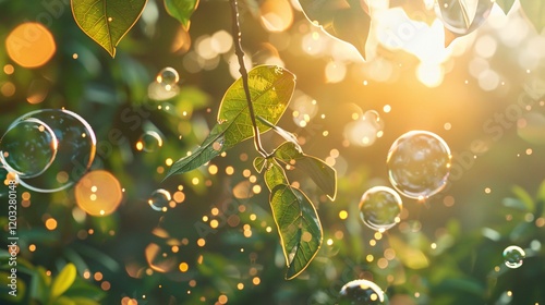 Sparkling light bubbles among tree leaves, photorealistic and minimal style