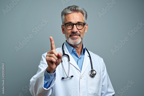 a middle-aged man with gray hair and glasses. He is wearing a white medical coat, under which a shirt is visible. He has a stethoscope around his neck. The man raised his right index finger up, as if 