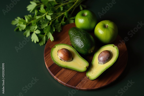 a wooden board with two pitted avocados cut in half, one whole avocado and three green apples on it. A sprig of fresh greenery is visible in the background.