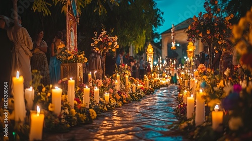 A tranquil Assumption Day procession with candles and floral wreaths.