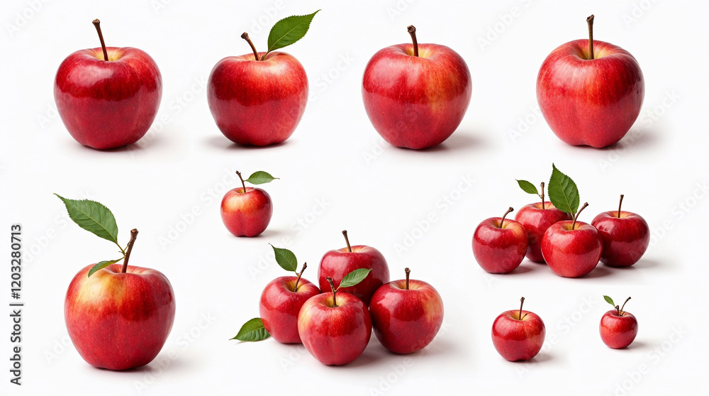 Collection of vibrant red apples, freshly picked and beautifully displayed with lush green leaves. Ideal for healthy living, food concepts, or nature-inspired visuals. High-quality resolution. Collection of vibrant red apples, freshly picked and beautifully displayed with lush green leaves. Ideal for healthy living, food concepts, or nature-inspired visuals. High-quality resolution.