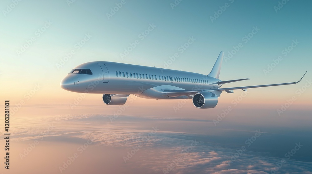 Naklejka premium Illustration of a Detailed Passenger Airplane Flying Overhead with a Light Blue Sky Background, Airplane Soaring Through a Clear Light Blue Sky, Airplane photo Against a Clean Light Blue Gradient Sky