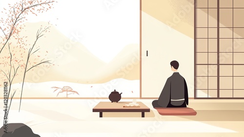 A tranquil Japanese tea ceremony taking place in a minimalist tatami room.