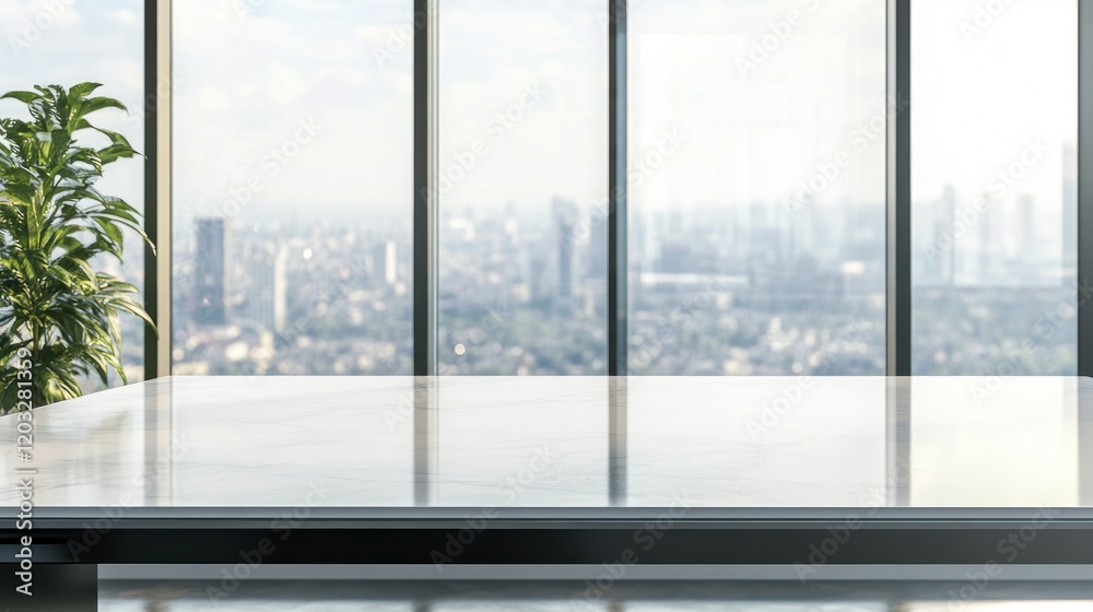 Naklejka premium Modern Office Desk with Panoramic City View