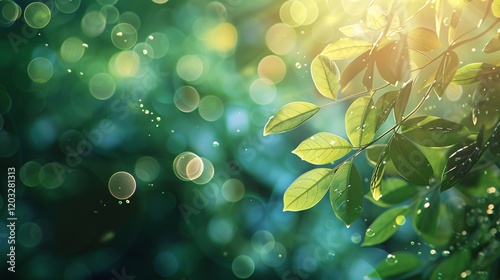 Leaves and natural light bubbles in a soft bokeh, photorealistic and minimal style
