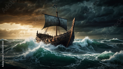 A viking longboat sailing on a stormy sea