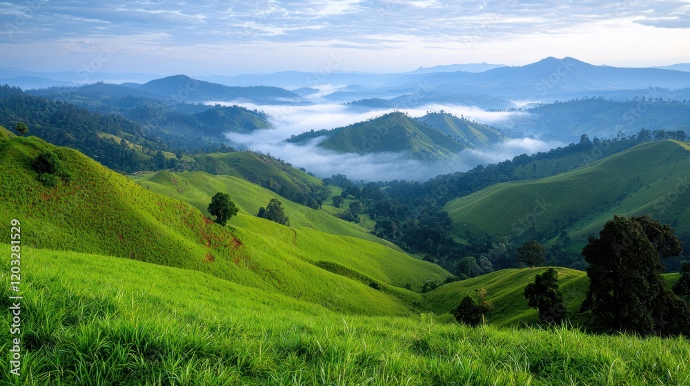 Fototapeta premium Misty Mountain Valley at Sunrise