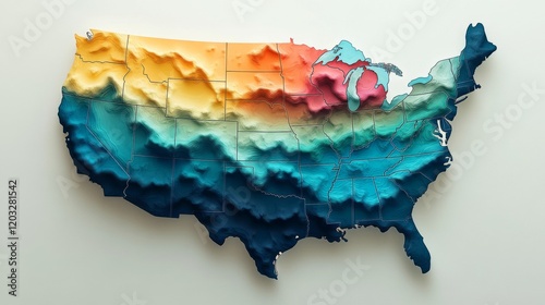Exploration of geographical features in USA map highlighting elevation changes across different regions with vibrant color gradients representing topographical variations