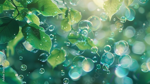 Leaves and natural light bubbles in a soft bokeh, photorealistic and minimal style