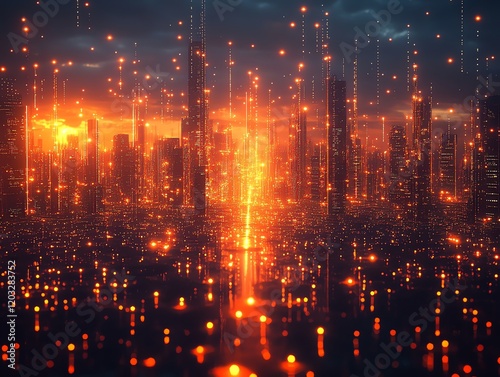 Fiery Metropolis: A Sunset Cityscape of Glowing Towers and Digital Streams photo