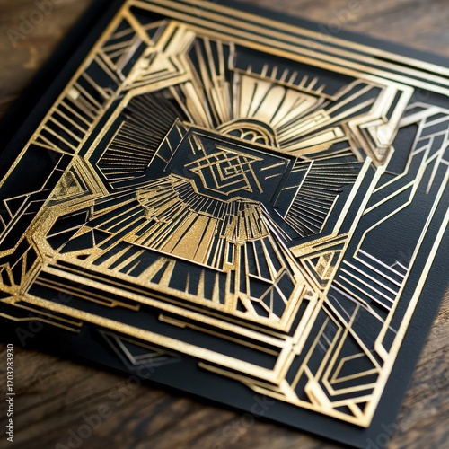 Art Deco Geometric Design: Intricate gold geometric patterns on a black background create a luxurious and sophisticated Art Deco design.  The layered design adds depth and visual interest.