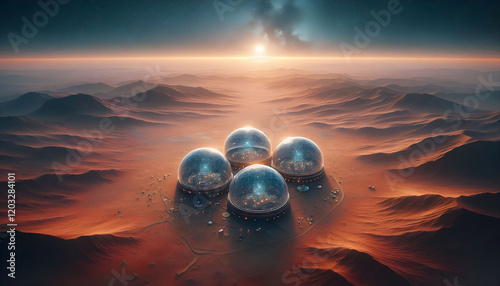 Colonization of developed modern technological glass iron domes full of trees on the orange desert of Mars photo