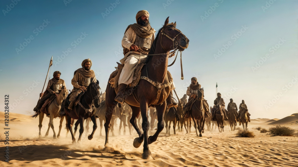 Naklejka premium The legendary hero Saladin ibn Ayyub - Salah ad-Din Yusuf ibn Ayyub - leading his elite army through the desert, with grace and determination
