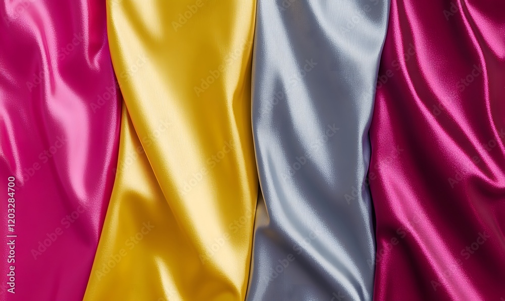 Fototapeta premium Draped colorful satin fabric texture background.
