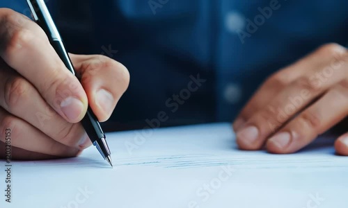 A close-up of a hand holding a pen, writing on a blank sheet of paper, conveying focus and creativity in a professional setting.