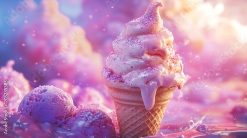 Ice cream cone with purple sprinkles. Generative AI