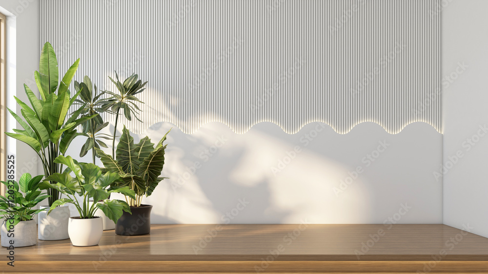 Empty room with a raised wooden floor and white slat wall, Curved wall with hidden lighting. There is a green indoor plant on the side. 3D rendering Empty room with a raised wooden floor and white slat wall, Curved wall with hidden lighting. There is a green indoor plant on the side. 3D rendering