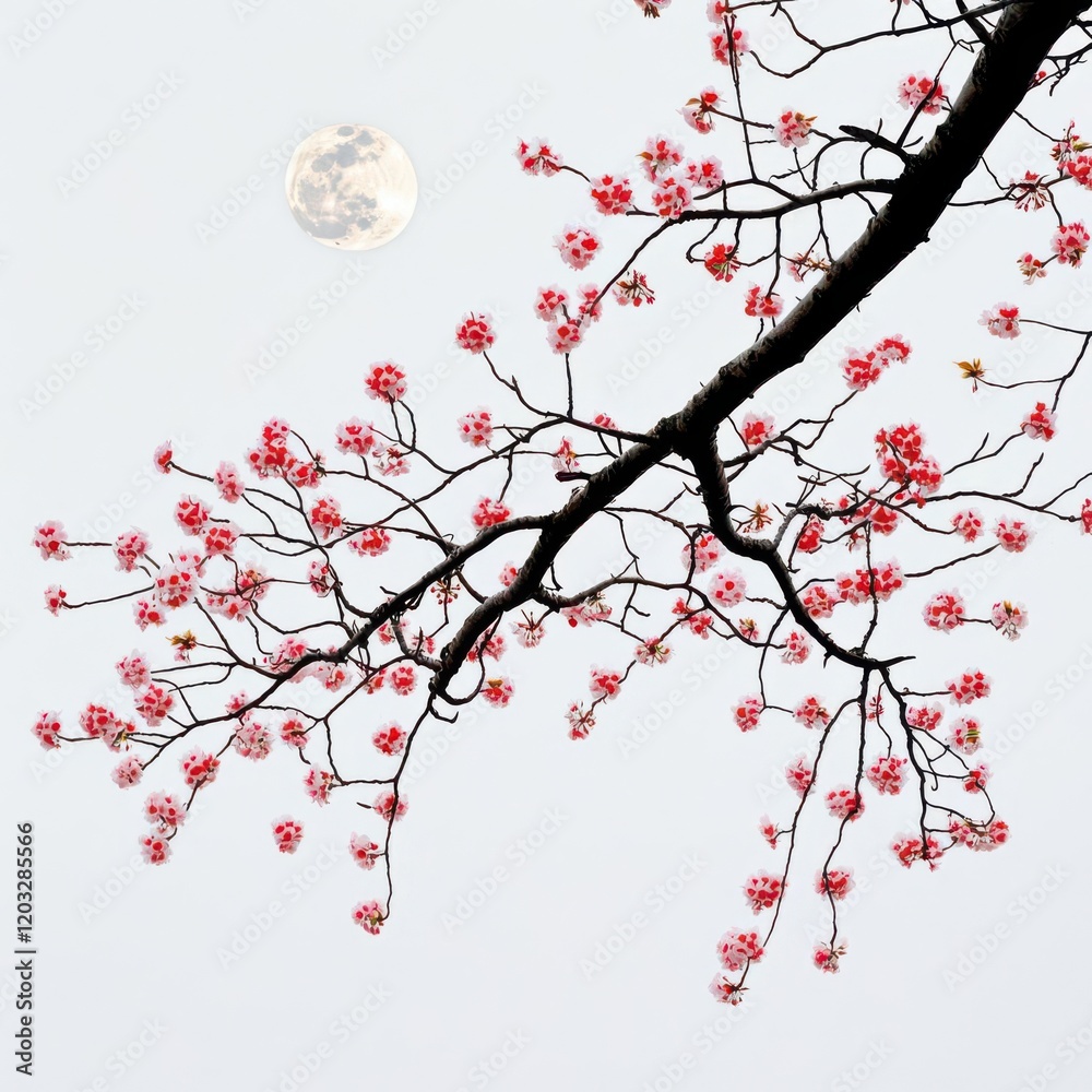 Cherry blossom branch silhouetted against a full moon on a pale background. Cherry blossom branch silhouetted against a full moon on a pale background.