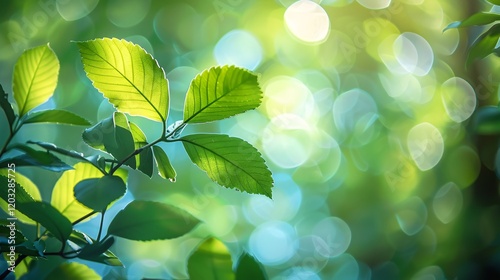 Soft bokeh of light on green leaves, photorealistic and minimal style