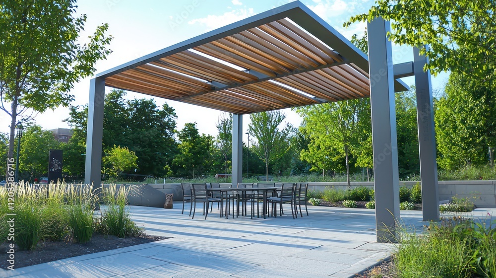 Fototapeta premium Innovative outdoor design featuring a central pergola with modern seating.