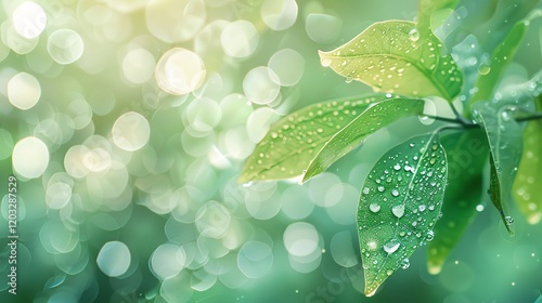 Dewy leaves with soft bokeh and light bubbles, photorealistic and minimal style