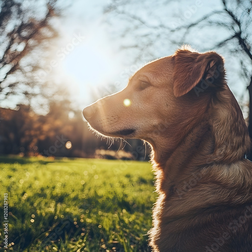 A fluffy golden retriever puppy frolics in the fresh green grass, a portrait of canine cuteness photo