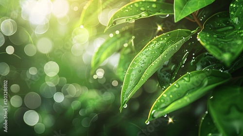 Natural bokeh and light bubbles on leaves, photorealistic and minimal style