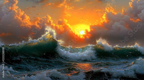 Ocean waves crash at sunset with birds flying photo