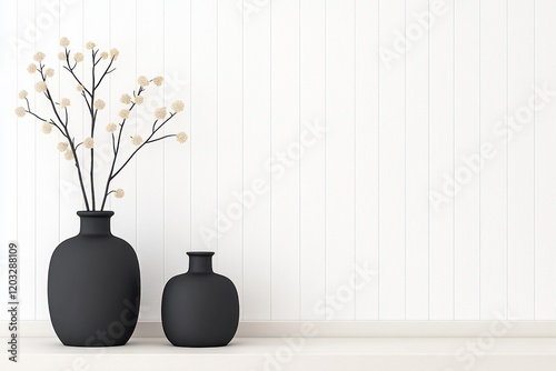 Minimalist Black Ceramic Handmade Vase Collection for Nomadic Interior Design and Aesthetics with Incense and Dried Flowers photo