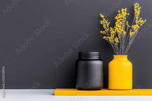 Minimalist Black Ceramic Handmade Vase Collection for Nomadic Interior Design and Aesthetics with Incense and Dried Flowers photo