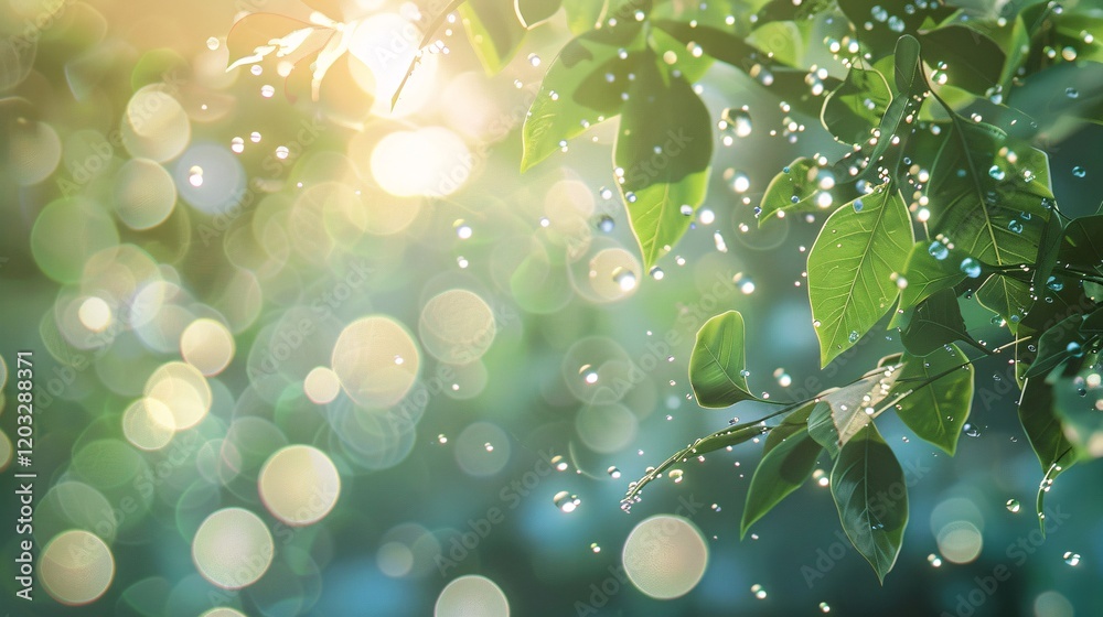 Fototapeta premium Natural bokeh and light bubbles on leaves, photorealistic and minimal style