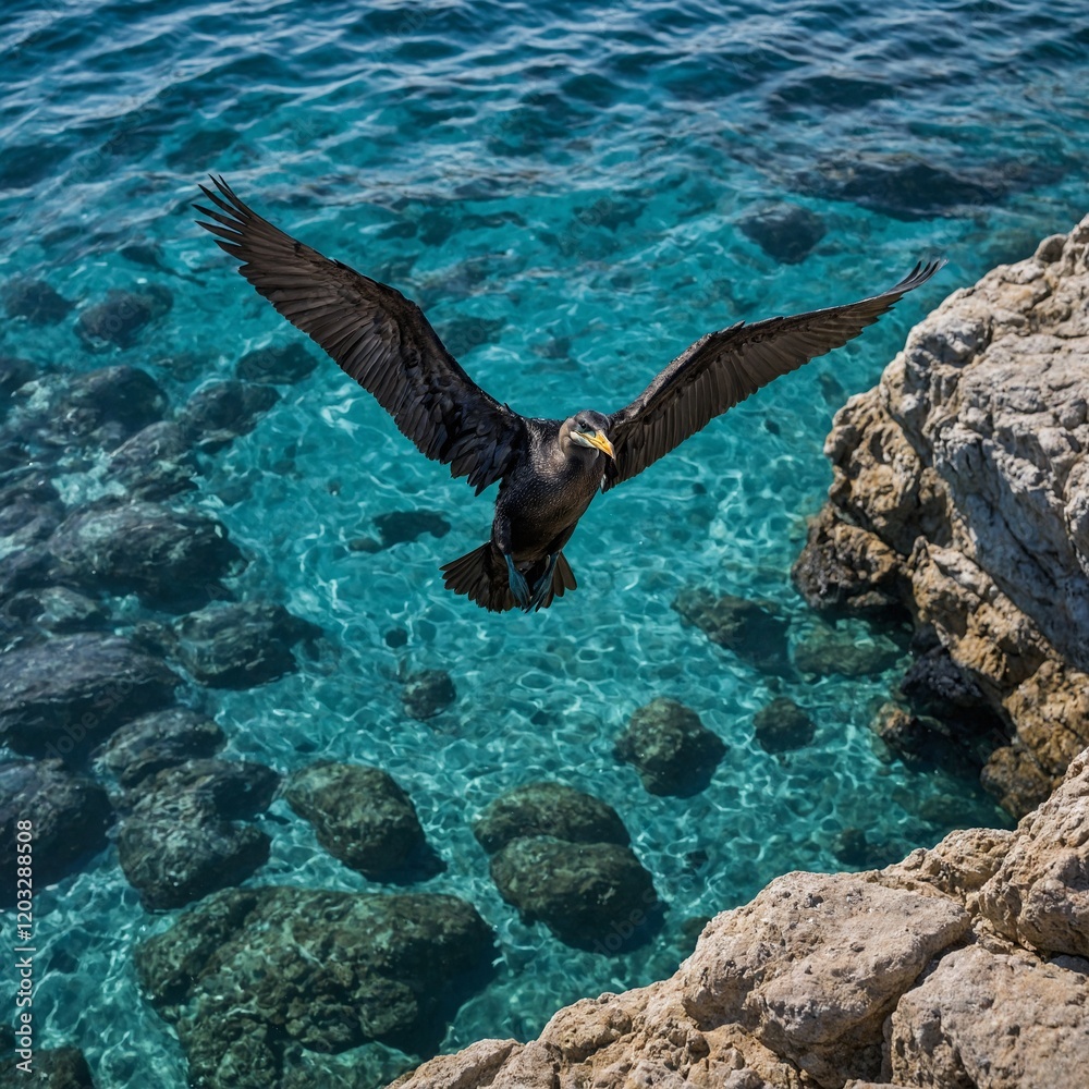 Fototapeta premium A cormorant diving into clear blue waters near a rocky coastline.