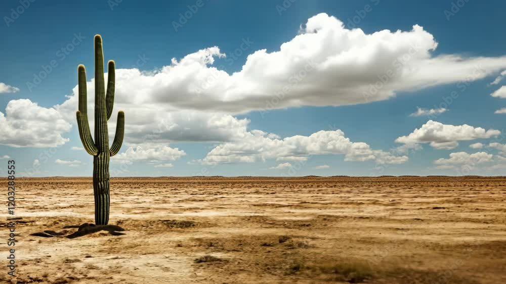 Majestic cactus standing alone in a vast desert landscape under a bright sky