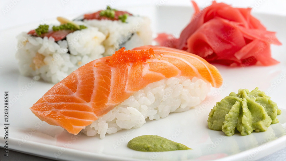 Sushi rice, salmon on a white background Sushi rice, salmon on a white background