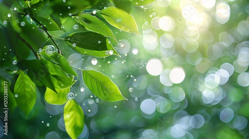 Sparkling bokeh with light bubbles on green leaves, photorealistic and minimal style