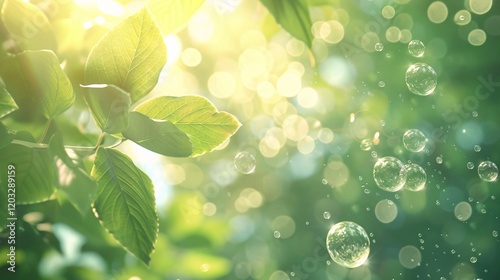 Sunlit leaves with light bubbles and bokeh, photorealistic and minimal style