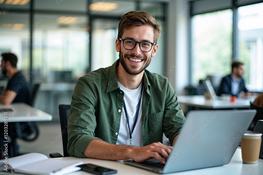 portrait of a smiling business person working on a laptop portrait of a smiling business person working on a laptop