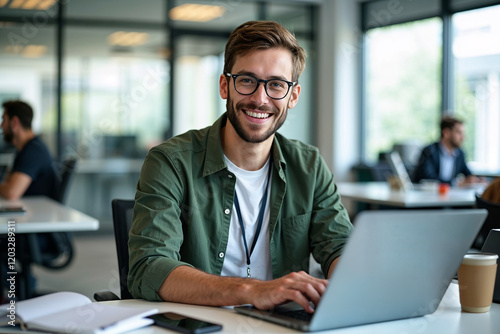 portrait of a smiling business person working on a laptop