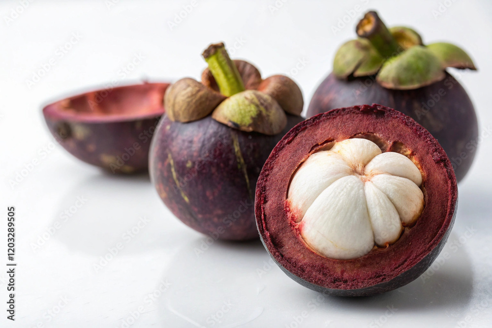 Fototapeta premium Ripe, purple mangosteen fruit, isolated on white background, perfect for healthy desserts