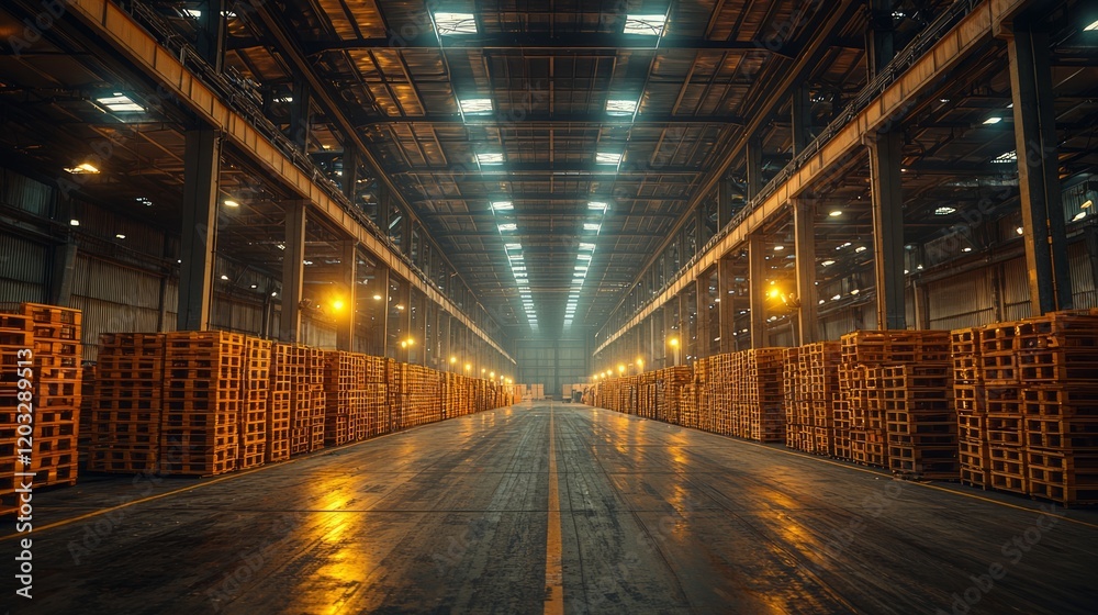 Naklejka premium Warehouse interior, pallets stacked, industrial setting, logistics