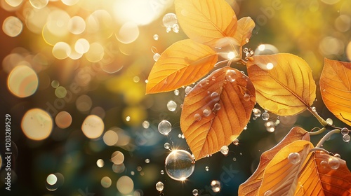 Sunlit leaves with light bubbles and bokeh, photorealistic and minimal style