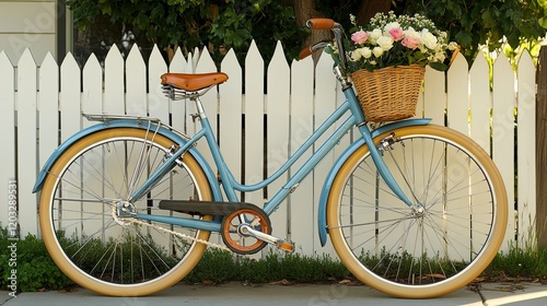 A vintage bicycle with a basket of fresh flowers leaning against a white picket fence photo