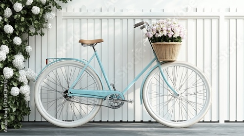 A vintage bicycle with a basket of fresh flowers leaning against a white picket fence photo